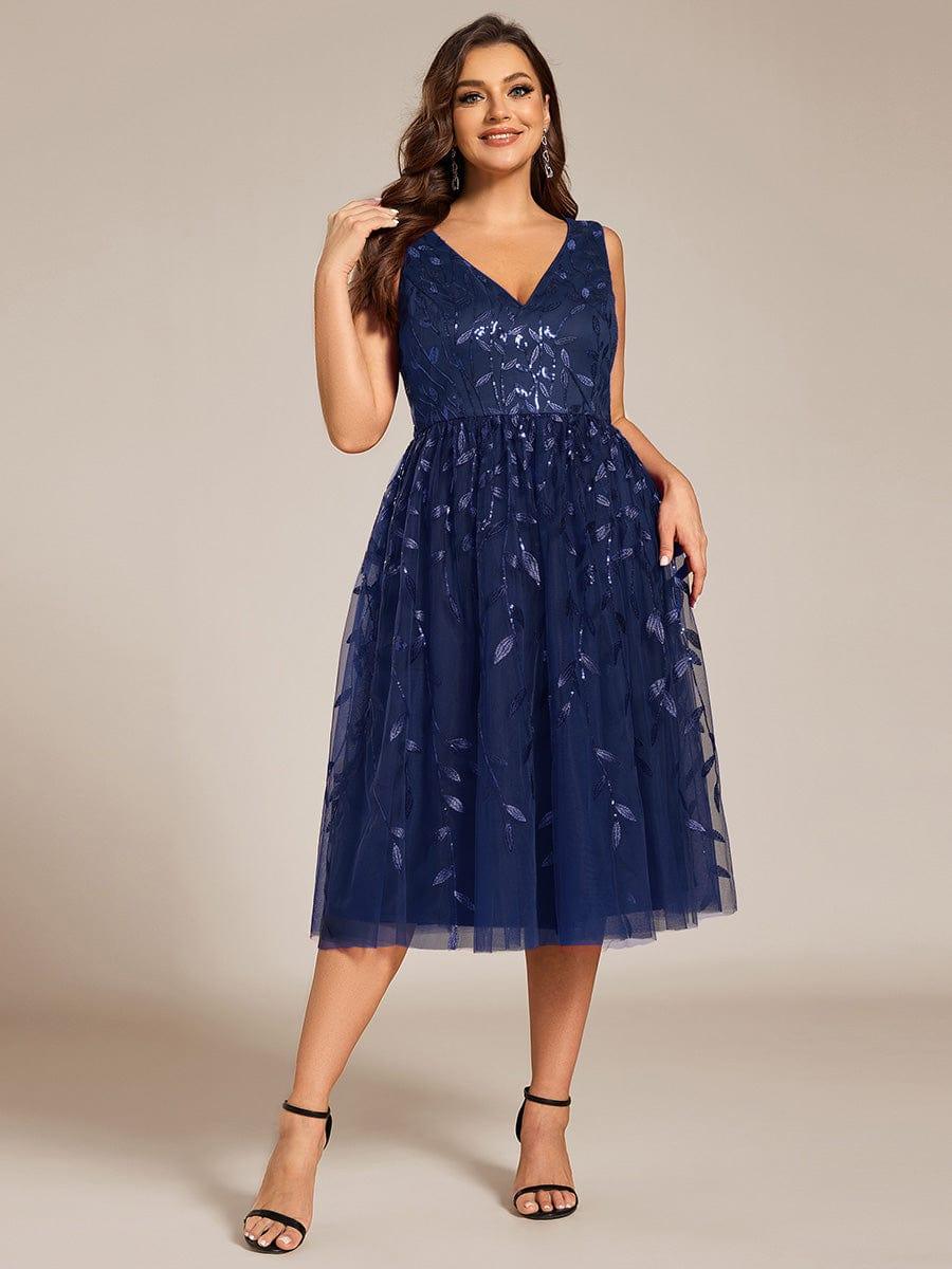 ever ROUX|V-Neck Leaf Sequined Sleeveless A-Line Midi Wedding Guest Dress