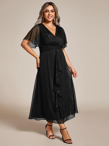 pretty OPAHL|Plus Size Silver Metallic Fabric V-Neck A-Line Wedding Guest Dress featuring Delicate Ruffled Hem