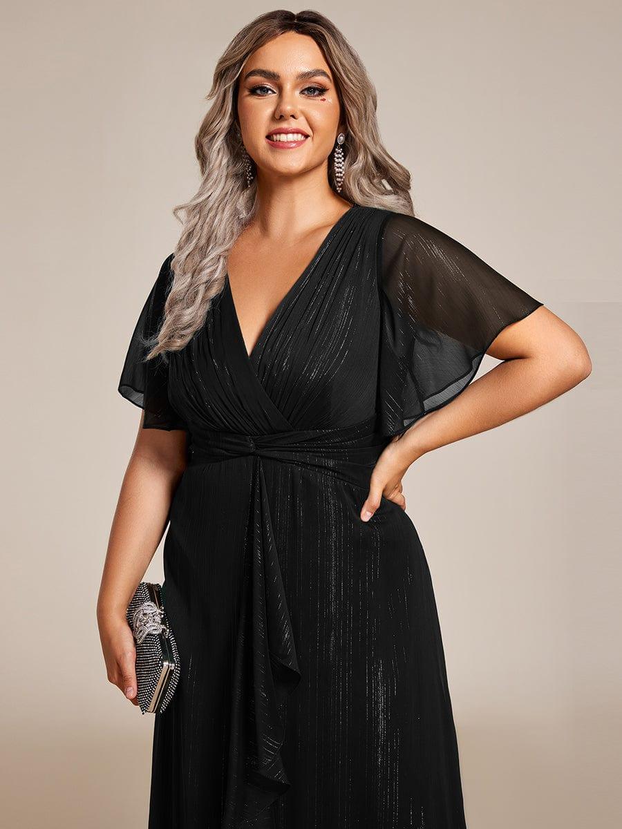 ever OPAHL|Silver Metallic Fabric V-Neck A-Line Evening Dress Featuring Delicate Ruffled Hem