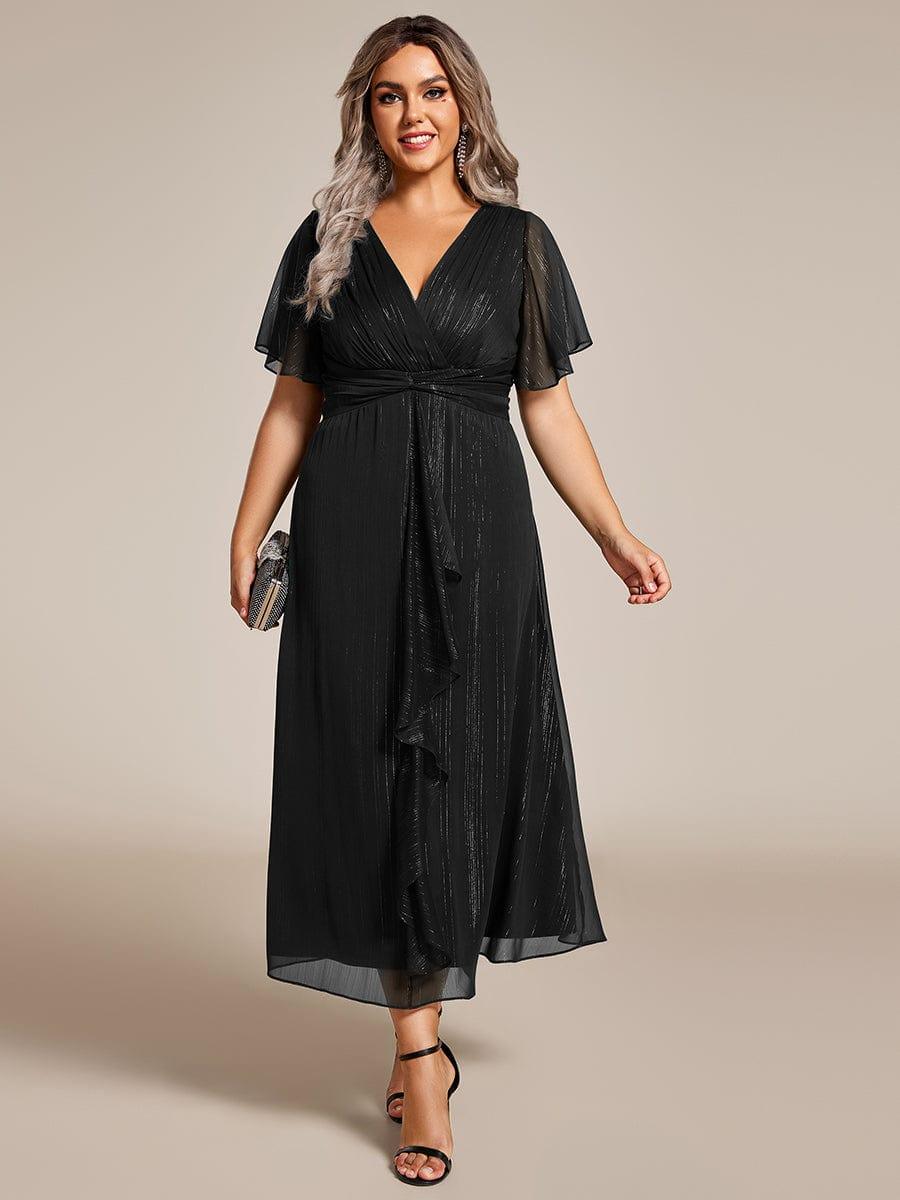 ever OPAHL|Silver Metallic Fabric V-Neck A-Line Evening Dress Featuring Delicate Ruffled Hem