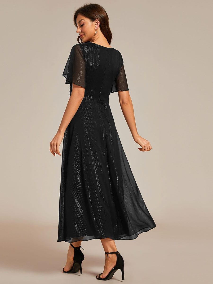 ever OPAHL|Silver Metallic Fabric V-Neck A-Line Evening Dress Featuring Delicate Ruffled Hem