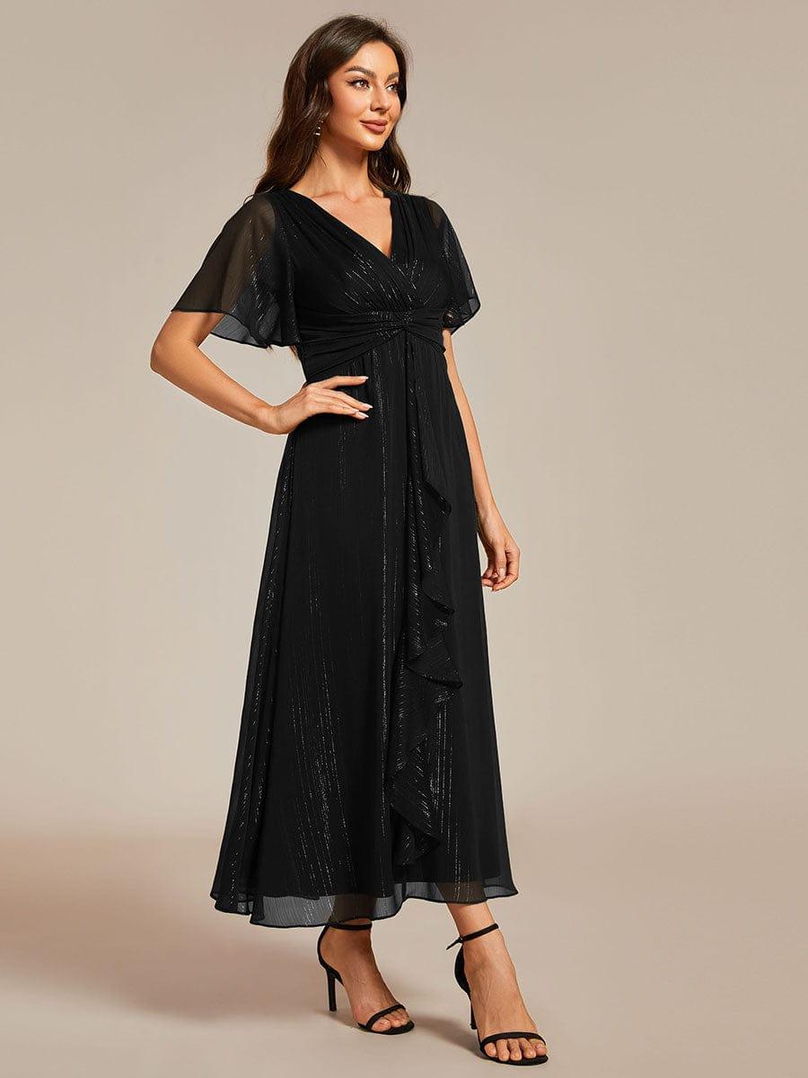 ever OPAHL|Silver Metallic Fabric V-Neck A-Line Evening Dress Featuring Delicate Ruffled Hem