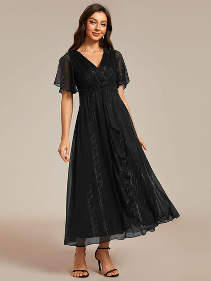 ever OPAHL|Silver Metallic Fabric V-Neck A-Line Evening Dress Featuring Delicate Ruffled Hem