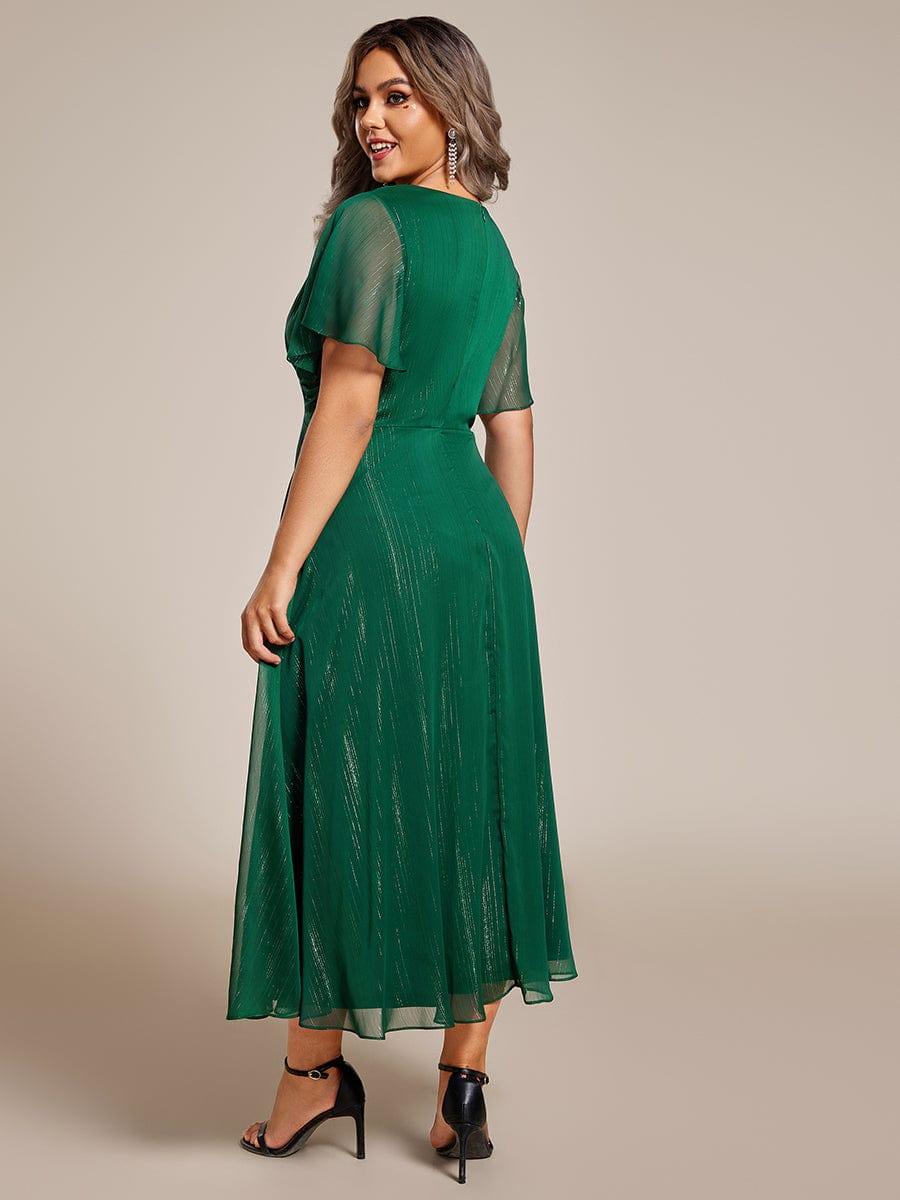 pretty OPAHL|Plus Size Silver Metallic Fabric V-Neck A-Line Wedding Guest Dress featuring Delicate Ruffled Hem