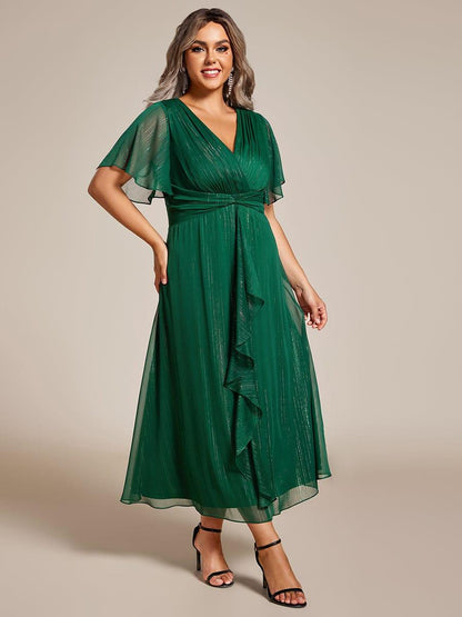 pretty OPAHL|Plus Size Silver Metallic Fabric V-Neck A-Line Wedding Guest Dress featuring Delicate Ruffled Hem