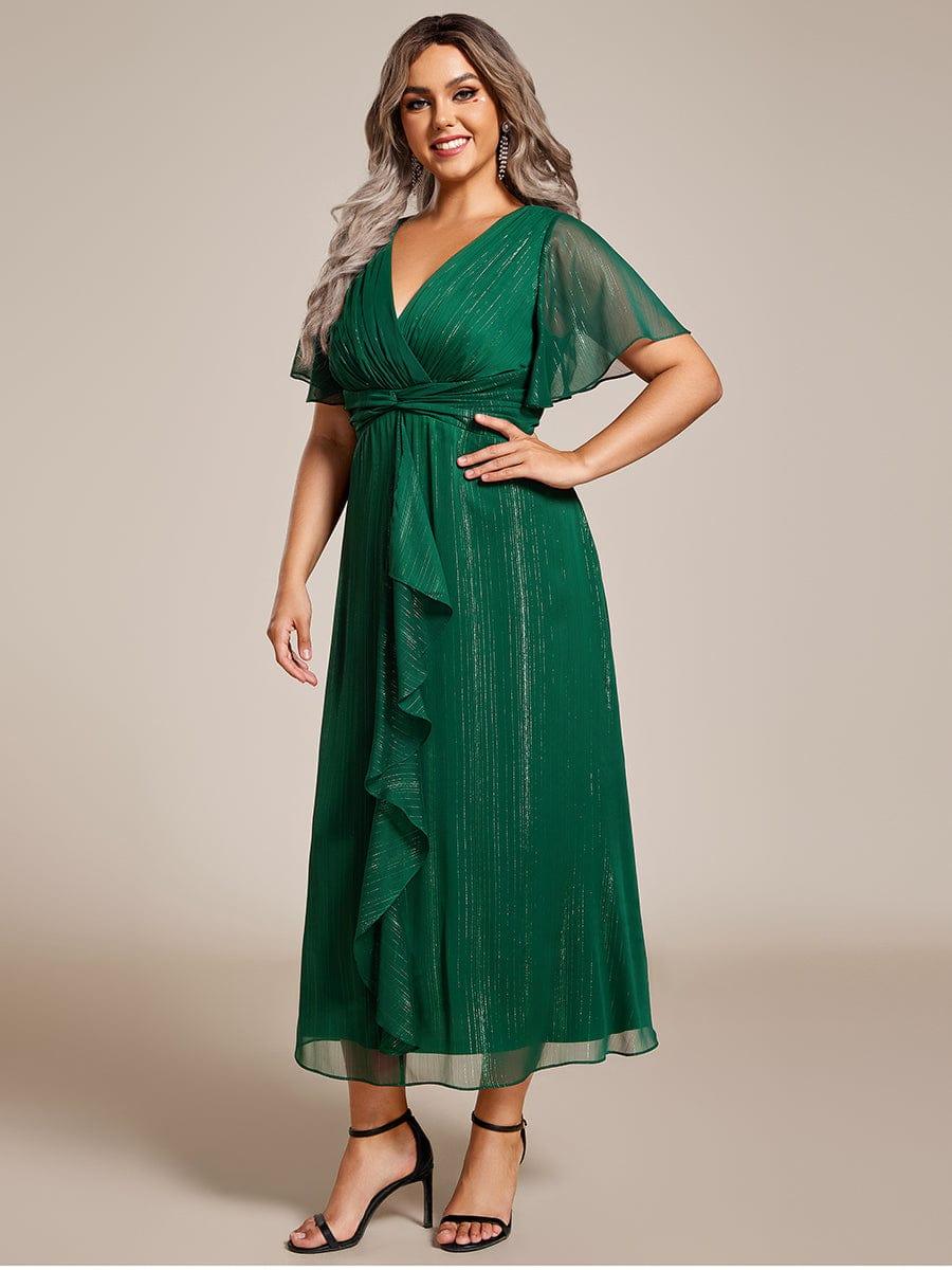 ever OPAHL|Silver Metallic Fabric V-Neck A-Line Evening Dress Featuring Delicate Ruffled Hem