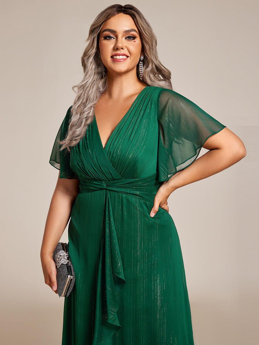 ever OPAHL|Silver Metallic Fabric V-Neck A-Line Evening Dress Featuring Delicate Ruffled Hem