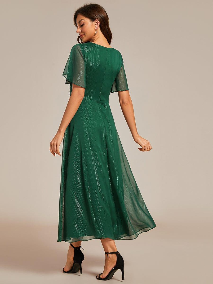 ever OPAHL|Silver Metallic Fabric V-Neck A-Line Evening Dress Featuring Delicate Ruffled Hem