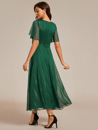 ever OPAHL|Silver Metallic Fabric V-Neck A-Line Evening Dress Featuring Delicate Ruffled Hem