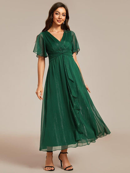 ever OPAHL|Silver Metallic Fabric V-Neck A-Line Wedding Guest Dress Featuring Delicate Ruffled Hem