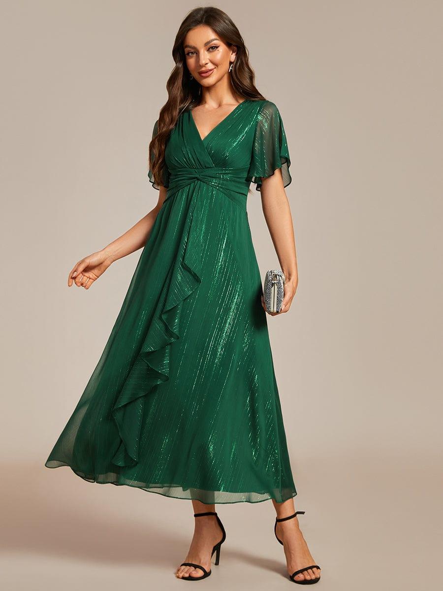 ever OPAHL|Silver Metallic Fabric V-Neck A-Line Evening Dress Featuring Delicate Ruffled Hem