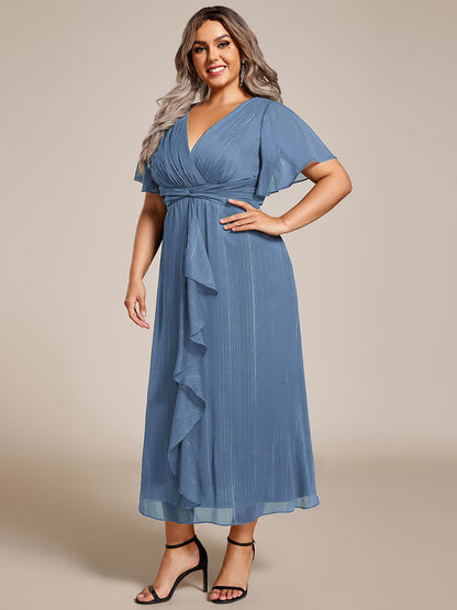 ever OPAHL|Silver Metallic Fabric V-Neck A-Line Evening Dress Featuring Delicate Ruffled Hem