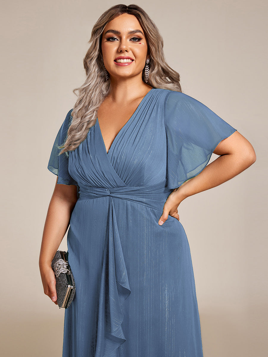 ever OPAHL|Silver Metallic Fabric V-Neck A-Line Wedding Guest Dress Featuring Delicate Ruffled Hem