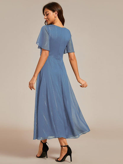 ever OPAHL|Silver Metallic Fabric V-Neck A-Line Wedding Guest Dress Featuring Delicate Ruffled Hem