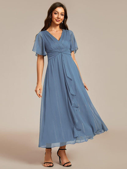 ever OPAHL|Silver Metallic Fabric V-Neck A-Line Evening Dress Featuring Delicate Ruffled Hem