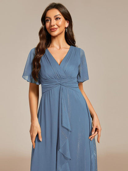ever OPAHL|Silver Metallic Fabric V-Neck A-Line Evening Dress Featuring Delicate Ruffled Hem