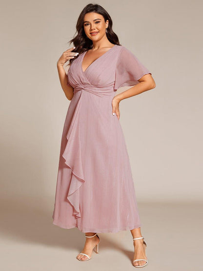 pretty OPAHL|Plus Size Silver Metallic Fabric V-Neck A-Line Wedding Guest Dress featuring Delicate Ruffled Hem