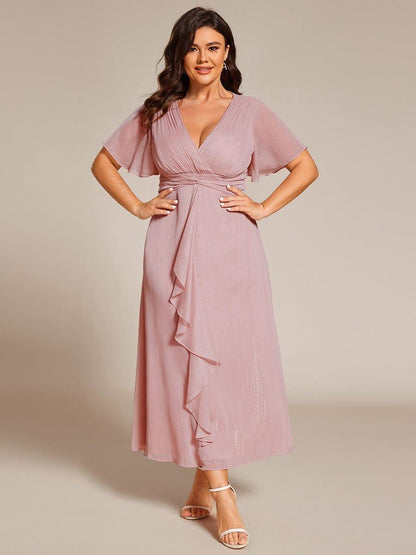 pretty OPAHL|Plus Size Silver Metallic Fabric V-Neck A-Line Wedding Guest Dress featuring Delicate Ruffled Hem