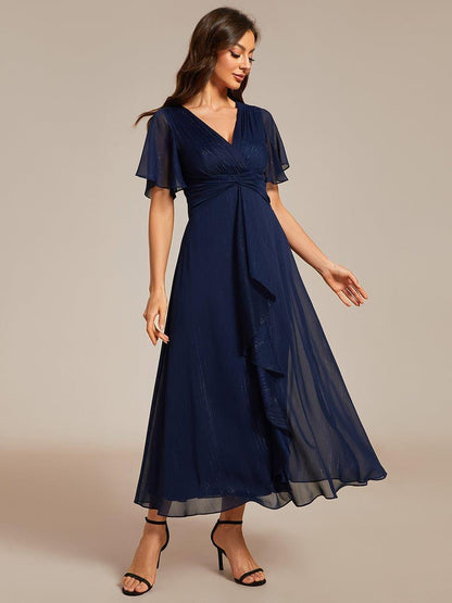 ever OPAHL|Silver Metallic Fabric V-Neck A-Line Evening Dress Featuring Delicate Ruffled Hem