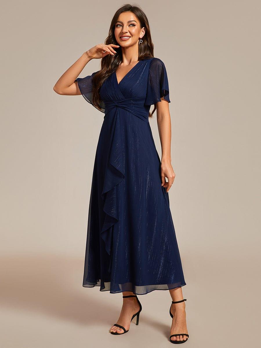 ever OPAHL|Silver Metallic Fabric V-Neck A-Line Evening Dress Featuring Delicate Ruffled Hem