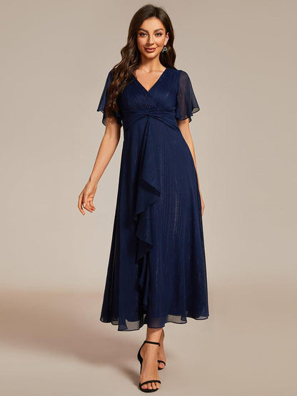 ever OPAHL|Silver Metallic Fabric V-Neck A-Line Evening Dress Featuring Delicate Ruffled Hem