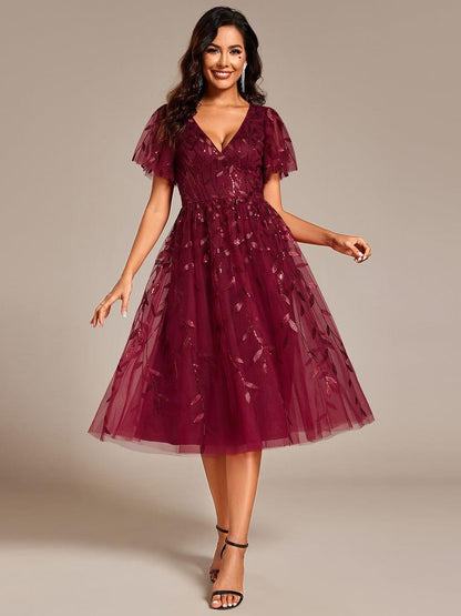ever SIMONE|Short Sleeves Leaf Sequin A-Line Midi Formal Wedding Guest Dress