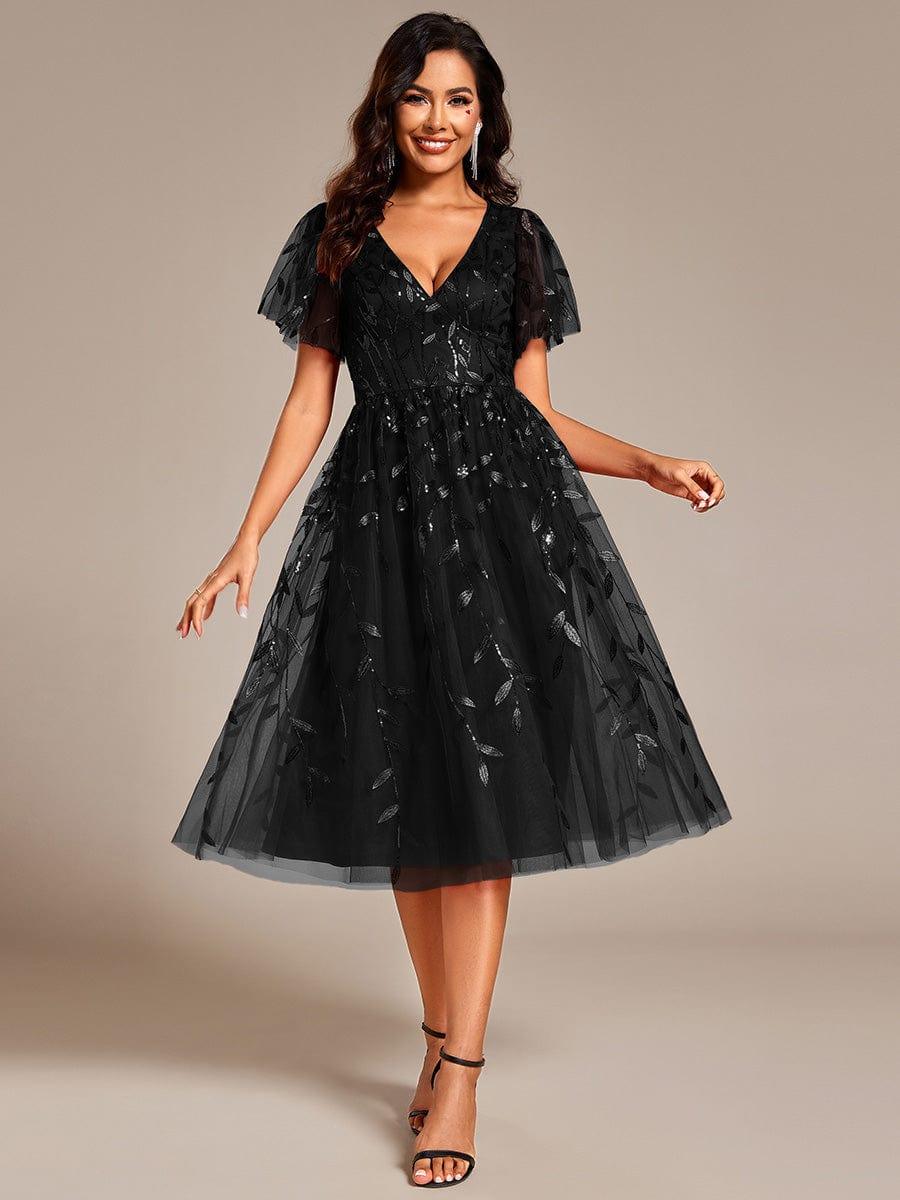 ever SIMONE|Short Sleeves Leaf Sequin A-Line Midi Formal Wedding Guest Dress