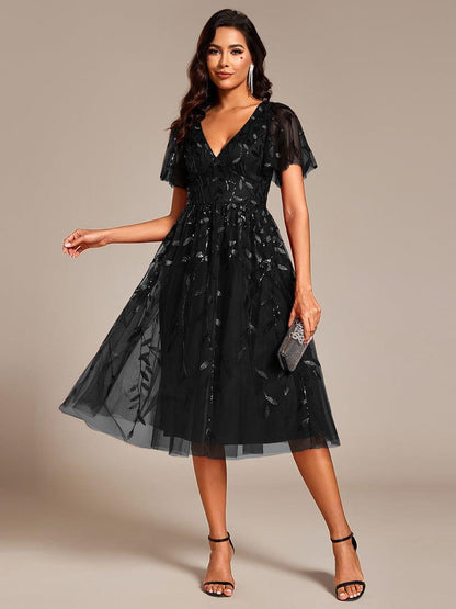 ever SIMONE|Leaf Sequin Midi Formal Evening Party Dress