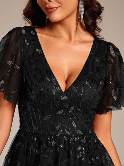 ever SIMONE|Short Sleeves Leaf Sequin A-Line Midi Formal Wedding Guest Dress