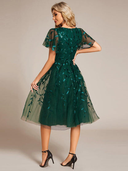 ever SIMONE|Short Sleeves Leaf Sequin A-Line Midi Formal Wedding Guest Dress