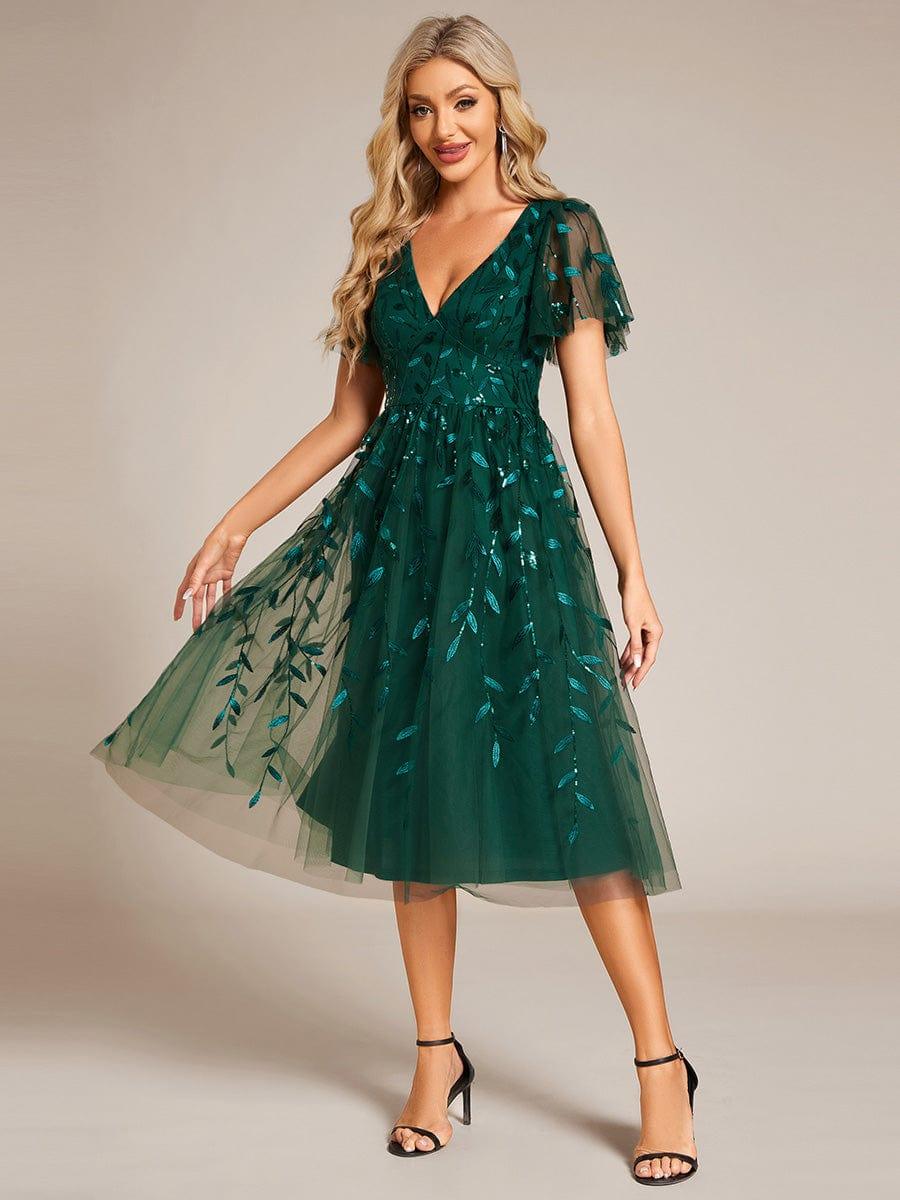 ever SIMONE|Short Sleeves Leaf Sequin A-Line Midi Formal Wedding Guest Dress
