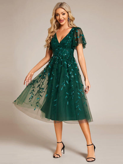 ever SIMONE|Leaf Sequin Midi Formal Evening Party Dress