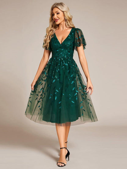 ever SIMONE|Leaf Sequin Midi Formal Evening Party Dress