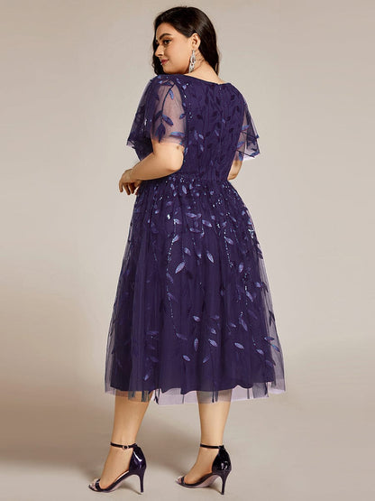pretty SIMONE|Plus Size Sparkly A-Line Midi Tulle Formal Wedding Guest Dress with Leaf Sequin