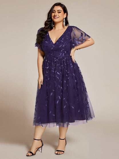 ever SIMONE|Short Sleeves Leaf Sequin A-Line Midi Formal Wedding Guest Dress