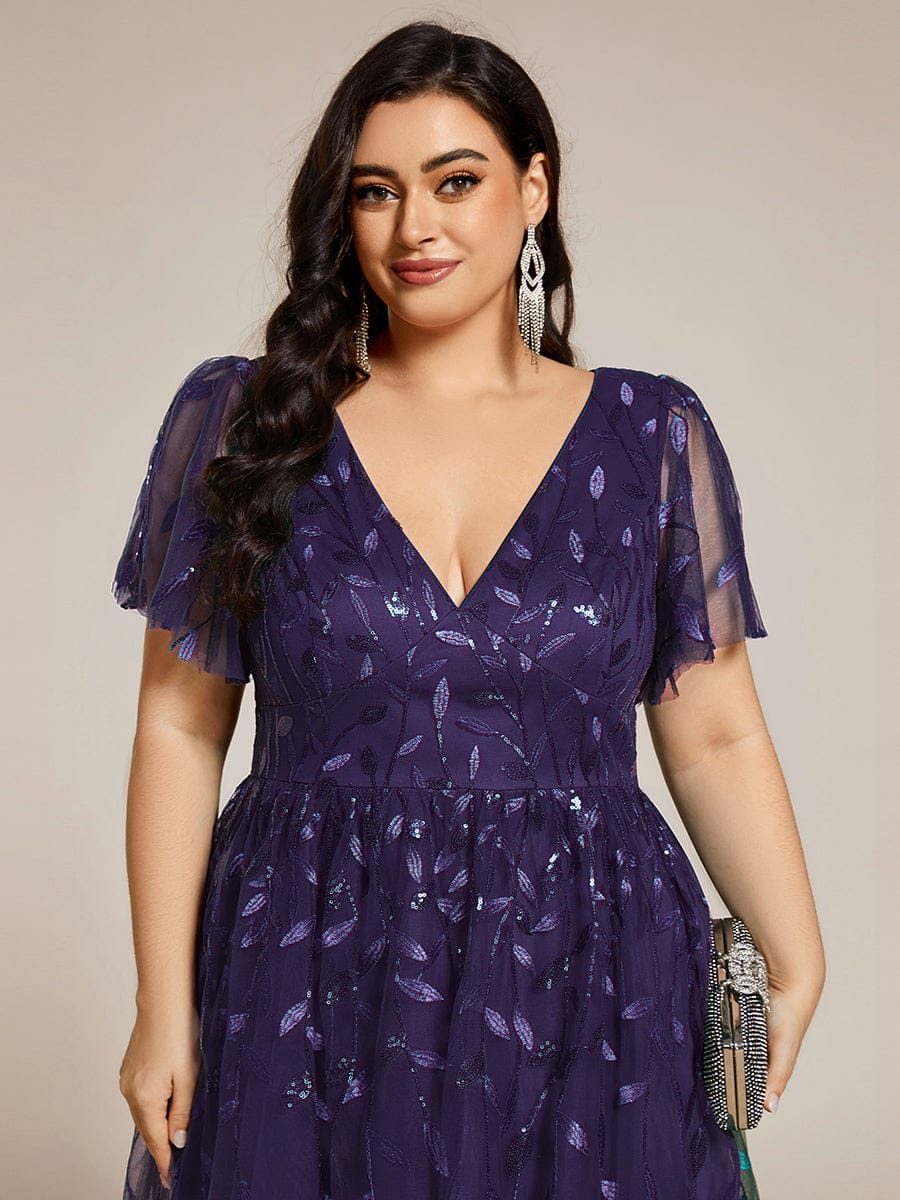 ever SIMONE|Short Sleeves Leaf Sequin A-Line Midi Formal Wedding Guest Dress