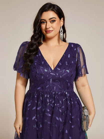 ever SIMONE|Short Sleeves Leaf Sequin A-Line Midi Formal Wedding Guest Dress