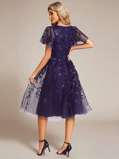 ever SIMONE|Short Sleeves Leaf Sequin A-Line Midi Formal Wedding Guest Dress
