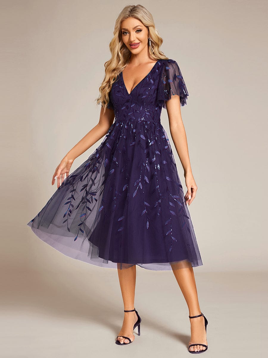 ever SIMONE|Leaf Sequin Midi Formal Evening Party Dress