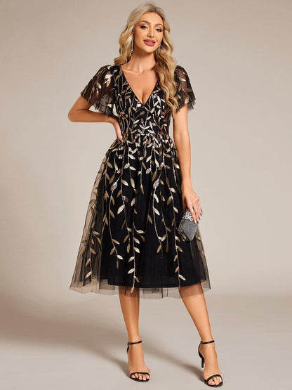 ever SIMONE|Leaf Sequin Midi Formal Evening Party Dress