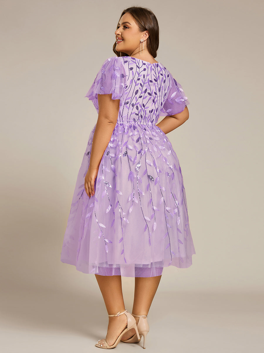 pretty SIMONE|Plus Size Sparkly A-Line Midi Tulle Formal Wedding Guest Dress with Leaf Sequin