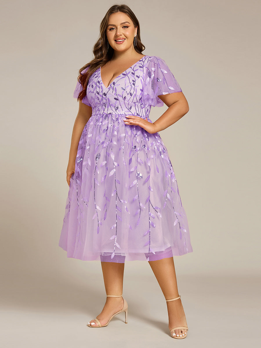 pretty SIMONE|Plus Size Sparkly A-Line Midi Tulle Formal Wedding Guest Dress with Leaf Sequin