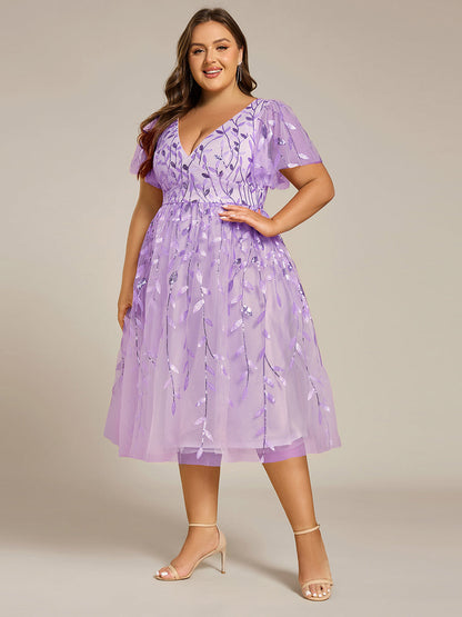 ever SIMONE|Short Sleeves Leaf Sequin A-Line Midi Formal Wedding Guest Dress