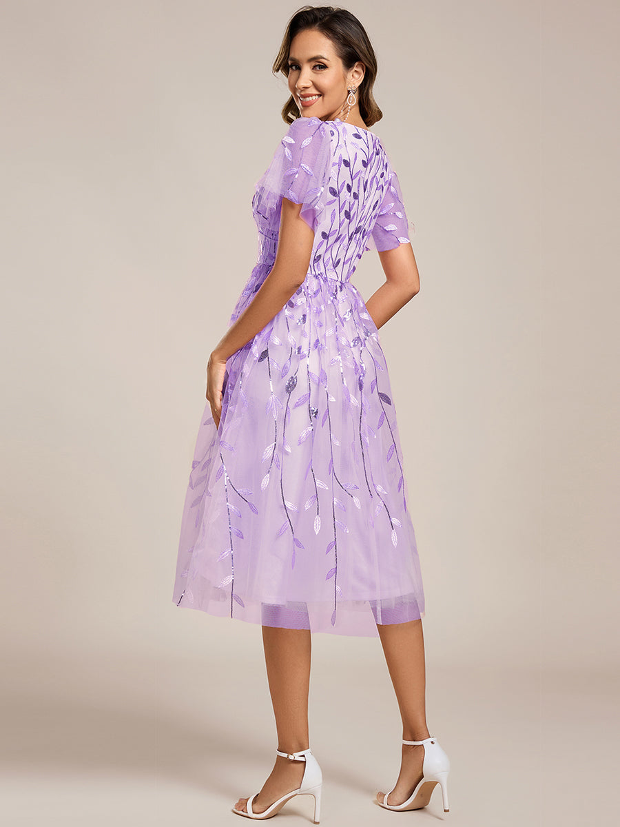 ever SIMONE|Short Sleeves Leaf Sequin A-Line Midi Formal Wedding Guest Dress