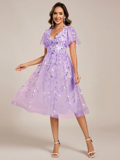 ever SIMONE|Short Sleeves Leaf Sequin A-Line Midi Formal Wedding Guest Dress