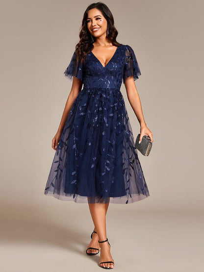 ever SIMONE|Leaf Sequin Midi Formal Evening Party Dress