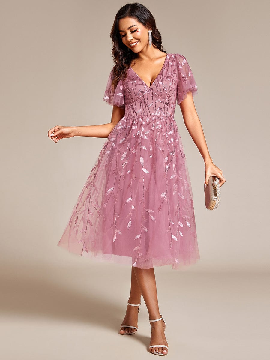 ever SIMONE|Leaf Sequin Midi Formal Evening Party Dress