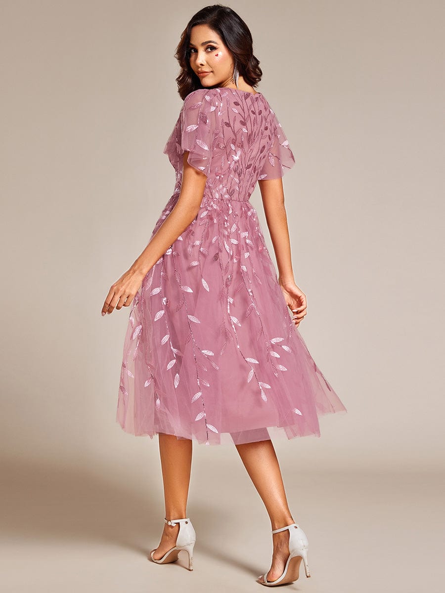 ever SIMONE|Short Sleeves Leaf Sequin A-Line Midi Formal Wedding Guest Dress
