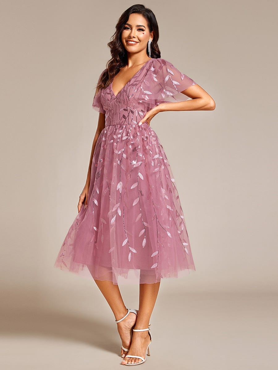 ever SIMONE|Leaf Sequin Midi Formal Evening Party Dress