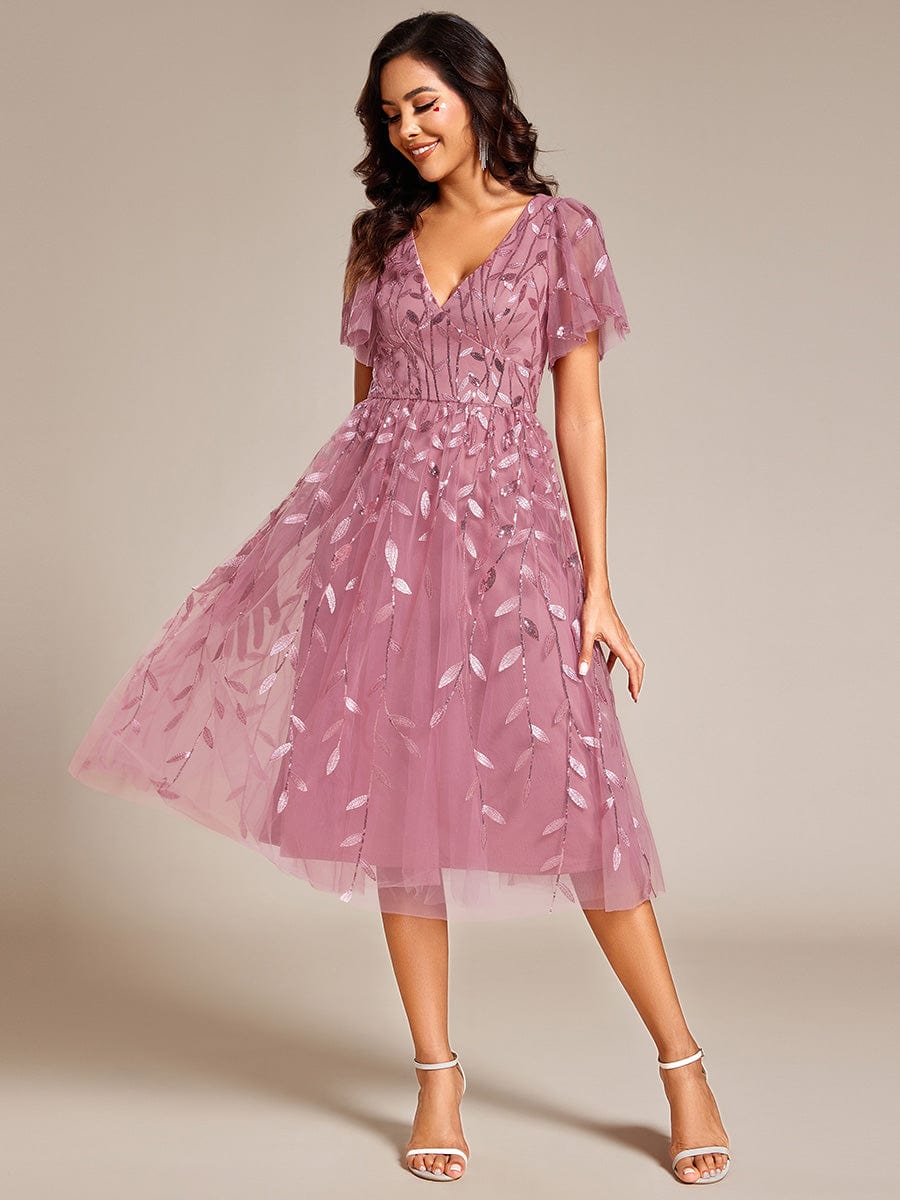 ever SIMONE|Leaf Sequin Midi Formal Evening Party Dress